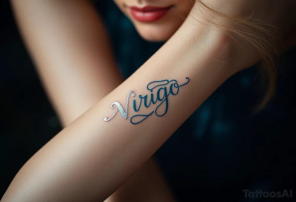 A celestial woman with glowing silver tattoos on her skin with word virgo tattoo idea