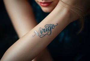 A celestial woman with glowing silver tattoos on her skin with word virgo tattoo idea