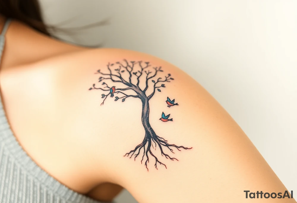 A delicate tree with deep roots with four tiny birds flying from its branches, representing the growth and independence of each family member tattoo idea