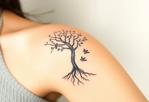 A delicate tree with deep roots with four tiny birds flying from its branches, representing the growth and independence of each family member tattoo idea