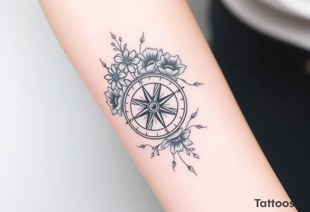 Compass with cursive letters with flowers flowing above and below tattoo idea