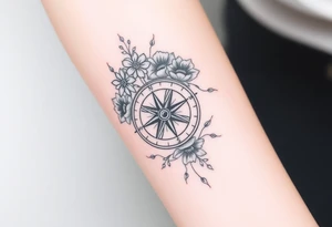 Compass with cursive letters with flowers flowing above and below tattoo idea