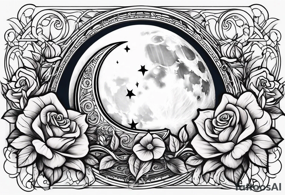 Moon with a rose wrapped around tattoo idea