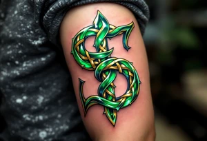 A shiny emerald green "S" with intricate Celtic knotwork wrapped around it. tattoo idea