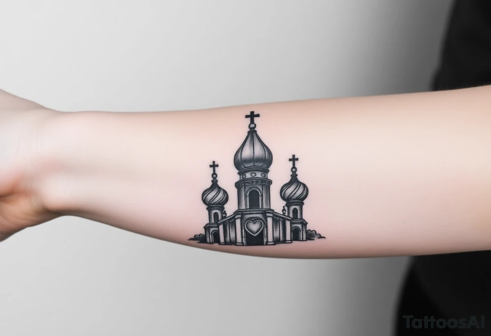 Russian Orthodox church with orthodox spire crosses, with clouds above it and a virgin mary seperately looking over hands on heart sat above tattoo idea