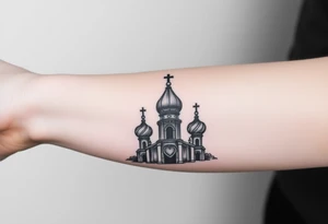 Russian Orthodox church with orthodox spire crosses, with clouds above it and a virgin mary seperately looking over hands on heart sat above tattoo idea