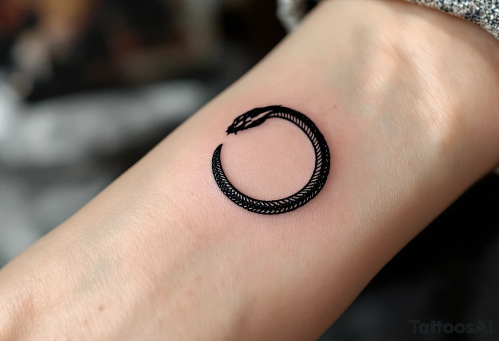 A minimalist Ouroboros snake forming cyrcle made from a single, unbroken black ink stroke tattoo idea