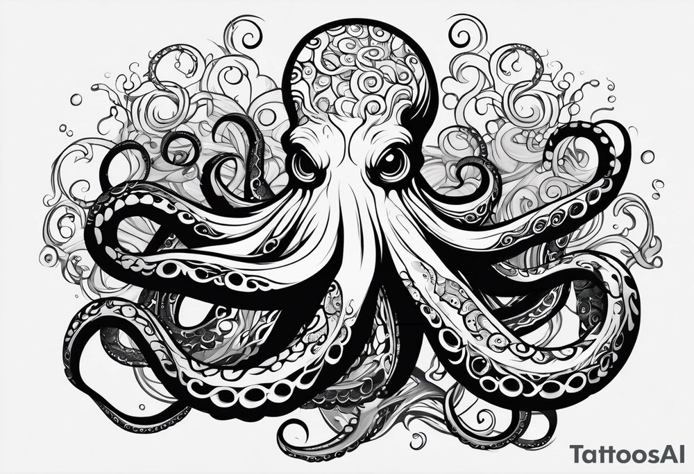 Tribal half sleeve octopus surrounded by ribbons of water waves filled with fish. the octopus has no eyes. Use thick lines only with less detail tattoo idea