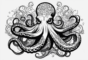 Tribal half sleeve octopus surrounded by ribbons of water waves filled with fish. the octopus has no eyes. Use thick lines only with less detail tattoo idea