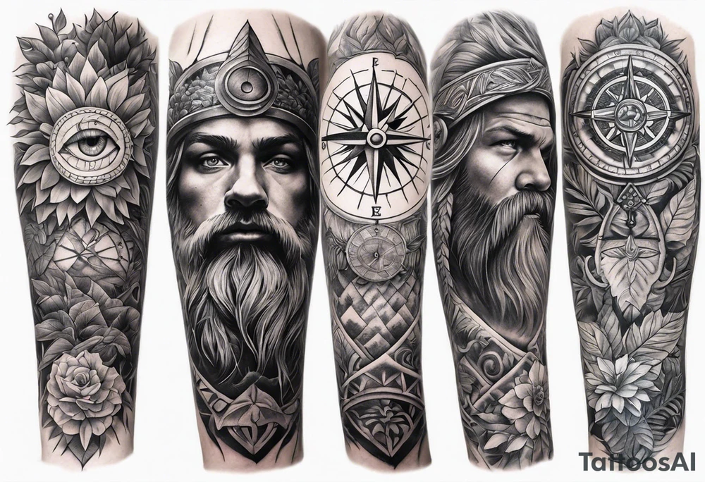 full arm sleeve tattoo with Viking compass and all-seeing eye surrounded by jungle plants tattoo idea