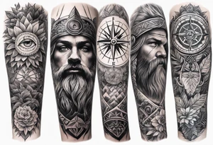full arm sleeve tattoo with Viking compass and all-seeing eye surrounded by jungle plants tattoo idea