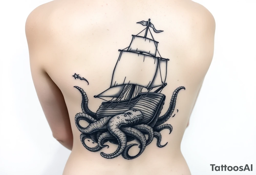 Extra large 
female side and hip tattoo pirate ship getting sunk by the kraken tattoo idea
