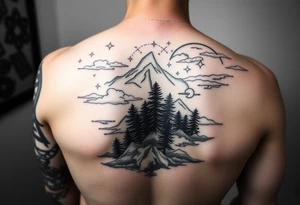 powerful ocean and forrest with rainy clouds with lighting sleeve for arm and stars and clouds tattoo idea