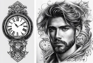 Draw me a tattoo located on the shoulder and upper arm of a man. The tattoo represents a clock and  an hourglass with Roman numerals in the background. It is a symbol of the passing of time. tattoo idea