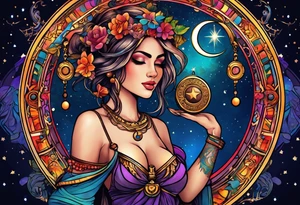 Libra woman holding scales with a night zodiac background including a half moon that encircles half of the woman with vibrant colors tattoo idea