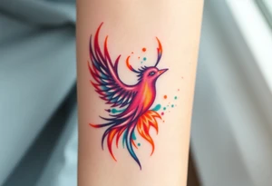 Phoenix with blazing flames with purple, orange, teal and green splashes tattoo idea