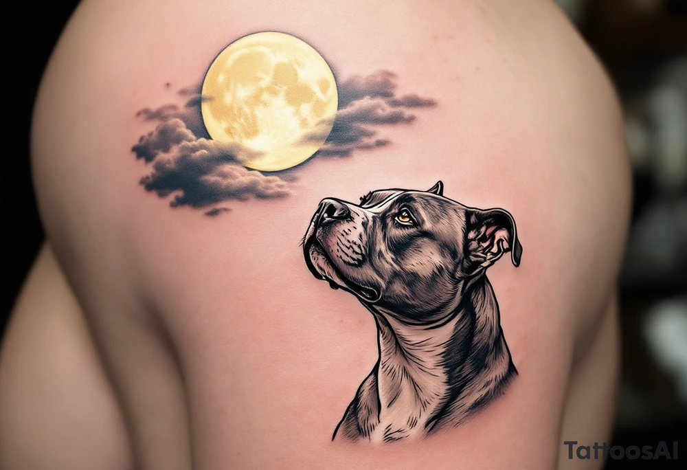 Pitbull looking up at the moon, blue-gray coat under a night sky scene, moon in pale yellow, clouds in navy and gray. tattoo idea