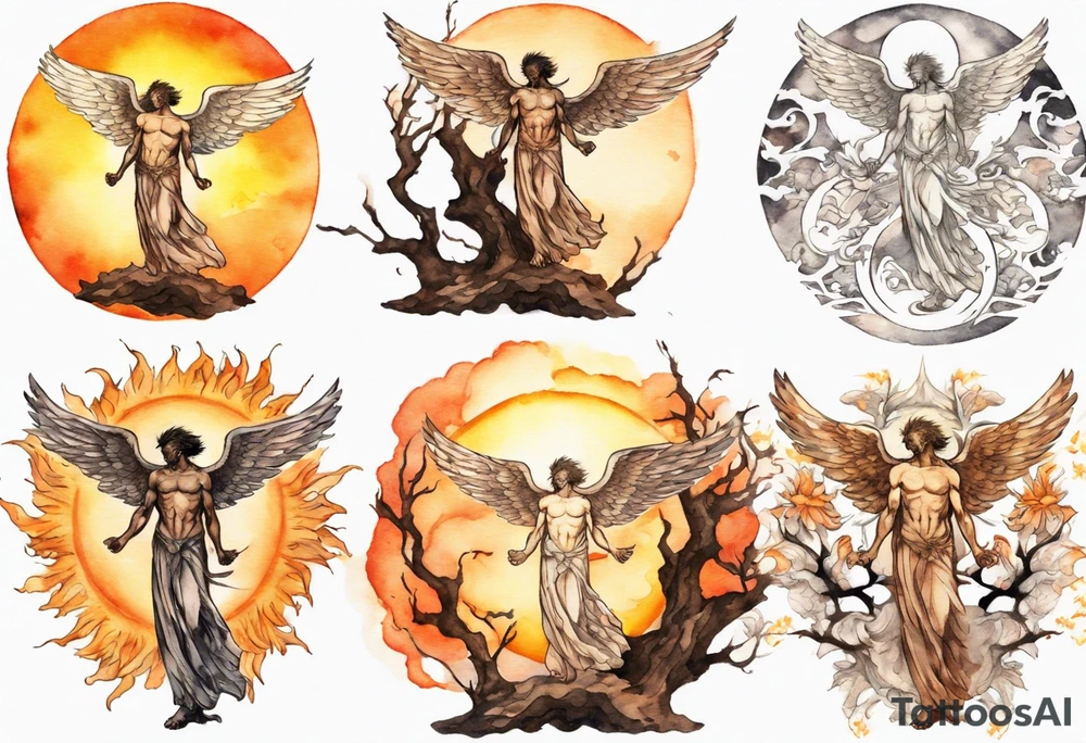 a bronze skinned male angel in front of a blazing sun looking down upon a tree tattoo idea