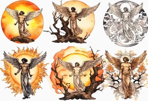 a bronze skinned male angel in front of a blazing sun looking down upon a tree tattoo idea