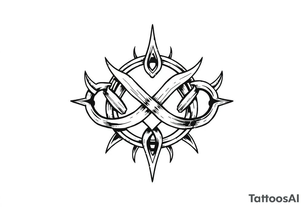 A Celtic knot armband with interwoven loops, featuring pointed ends that give it a dynamic, thorned or blade-like appearance that incorporates nature through roots Designed to wrap around the arm like a torc or tribal band tattoo idea