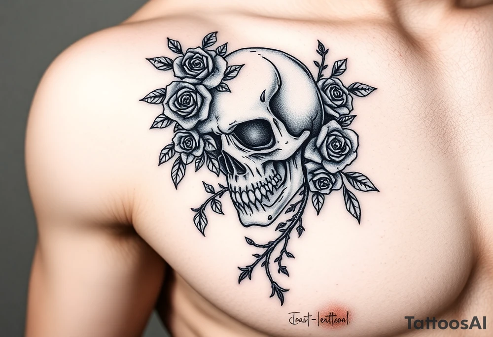 gothic skull intertwined with climbing roses and thorny vines tattoo idea