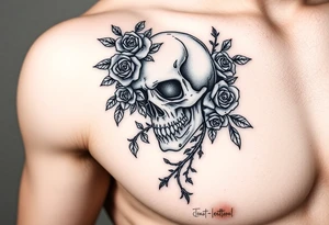gothic skull intertwined with climbing roses and thorny vines tattoo idea