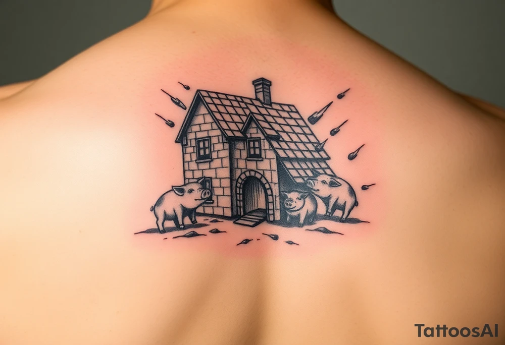 Brick house being blown off 3 little piggy's by a big bad wolf tattoo idea
