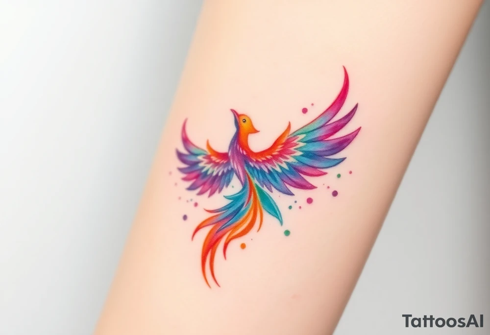 Phoenix in flames with purple, blue, orange, teal and green splashes, looking upwards. Materializing from below, no outline. tattoo idea