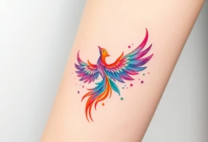 Phoenix in flames with purple, blue, orange, teal and green splashes, looking upwards. Materializing from below, no outline. tattoo idea