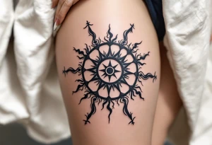 A bold black Kolovrat symbol spins with eight arms, representing the eternal cycle of life and Slavic sun worship. tattoo idea