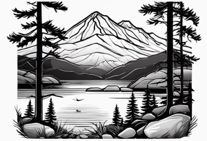 shoulder/upper arm design. pebble beach on a lakefront with a lake surrounded by tall trees and a mountain backdrop. Has reflections across the lakewater tattoo idea