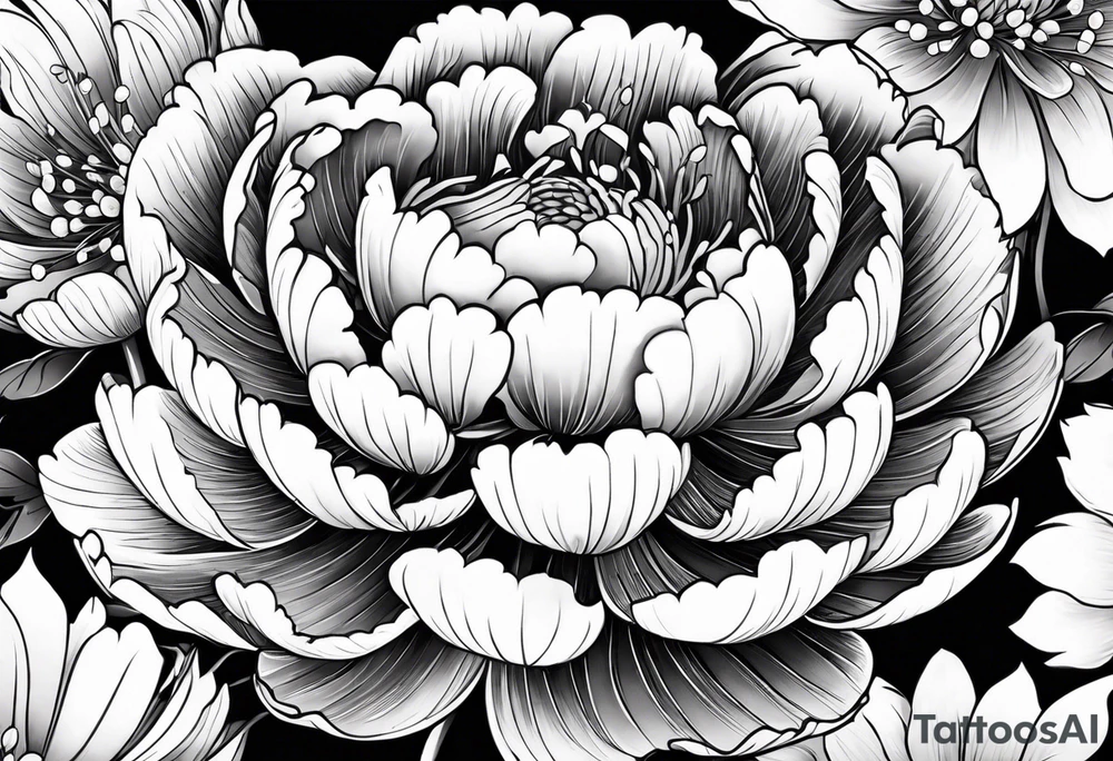 Japanese Floral peony water sleeve black and white neo traditional chrysanthemum tattoo idea