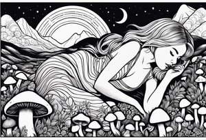 Straight blonde hair girl in black and white striped dress sleeping in a field of mushrooms with mountains s
and crescent moon mandala background tattoo idea