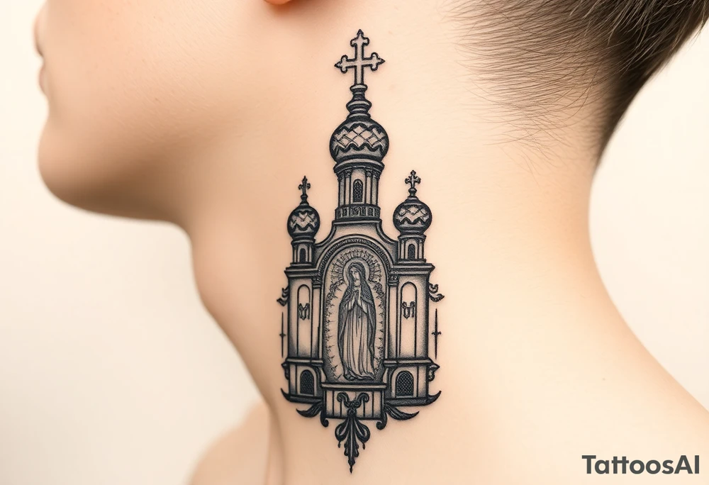medium traditional russian orthodox church with russian coat arms and virgin mary on the side of your neck tattoo idea