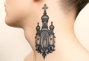 medium traditional russian orthodox church with russian coat arms and virgin mary on the side of your neck tattoo idea