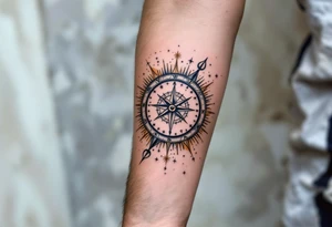 A vintage-style celestial tattoo featuring Sagittarius stars constellation, a compass, and golden sunbursts on a parchment-colored background. tattoo idea