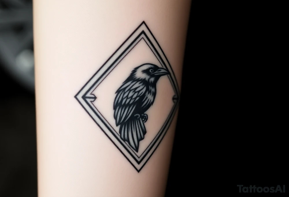 12 inch in length Geometric diamond with lines going around with a big detailed crow in center with a lot of shading tattoo idea
