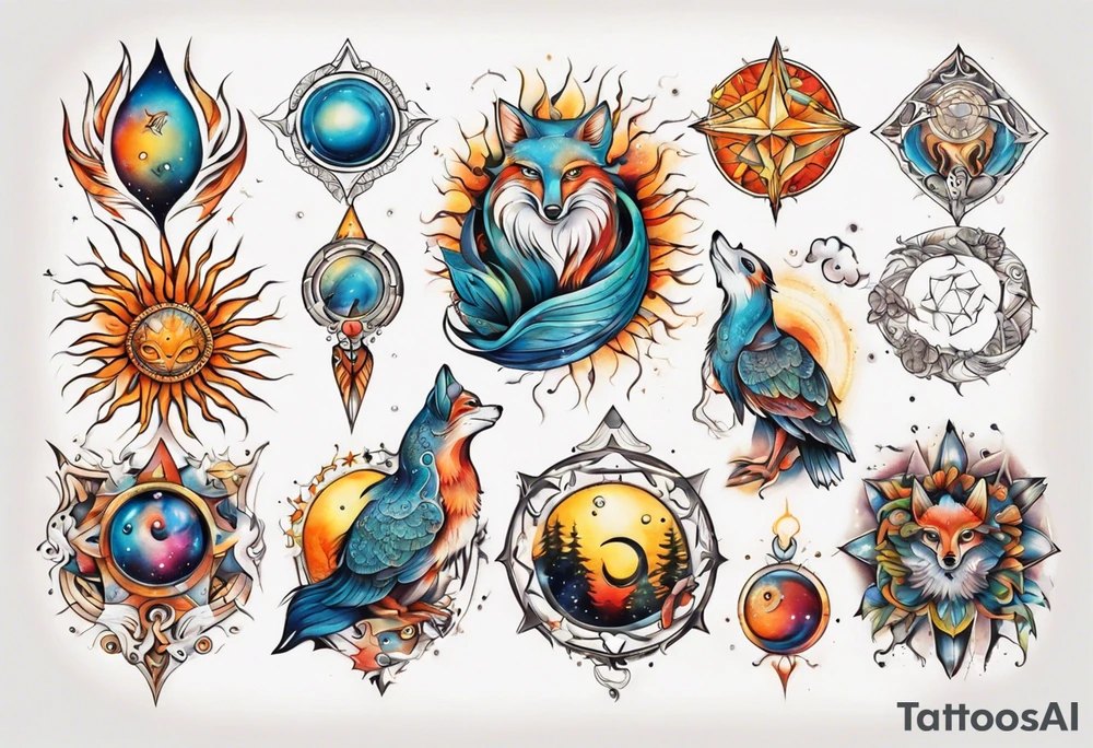 fisch, fuchs und eule , symetrie  sonne, universum, bunt tattoo idea