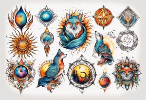 fisch, fuchs und eule , symetrie  sonne, universum, bunt tattoo idea