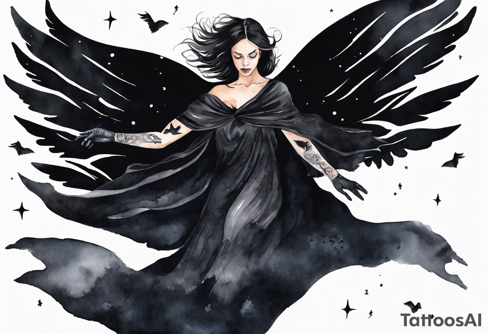 a beautiful 45 year old woman flying in the night sky with black wings, wearing a black cloak and black gloves, bare feet tattoo idea