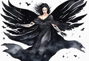a beautiful 45 year old woman flying in the night sky with black wings, wearing a black cloak and black gloves, bare feet tattoo idea