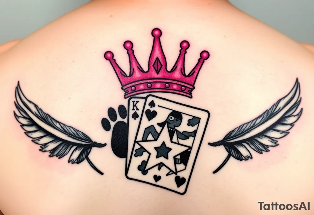pink princess crown on top of puppy paw prints, king of hearts card, army camouflage star, feathers tattoo idea