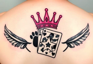 pink princess crown on top of puppy paw prints, king of hearts card, army camouflage star, feathers tattoo idea