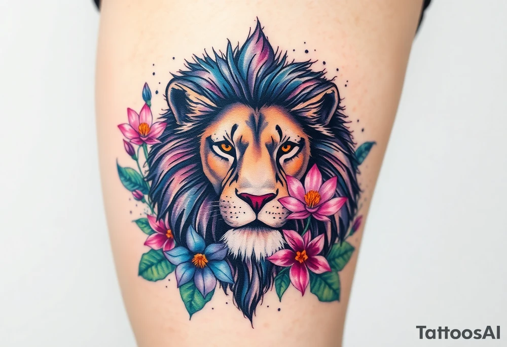 Lion with larkspur and water lilies tattoo idea