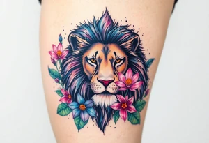 Lion with larkspur and water lilies tattoo idea