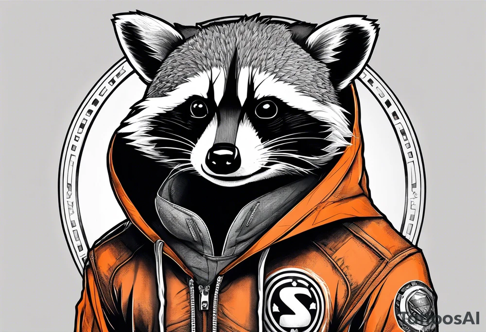 Raccoon wearing an orange Superman hoodie tattoo idea