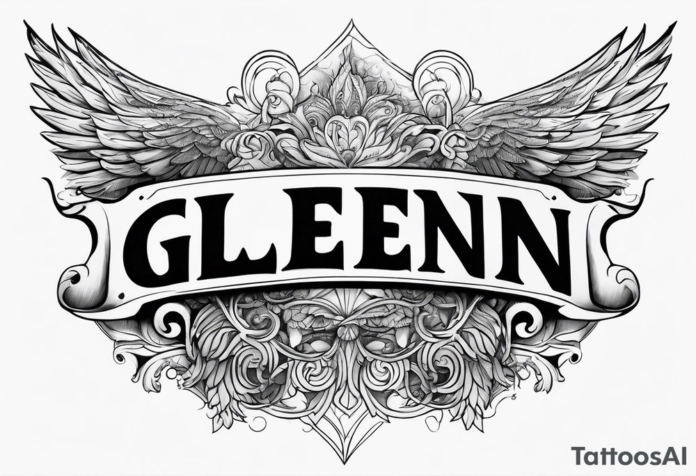 The word Glenn on a banner with angel Wings tattoo idea