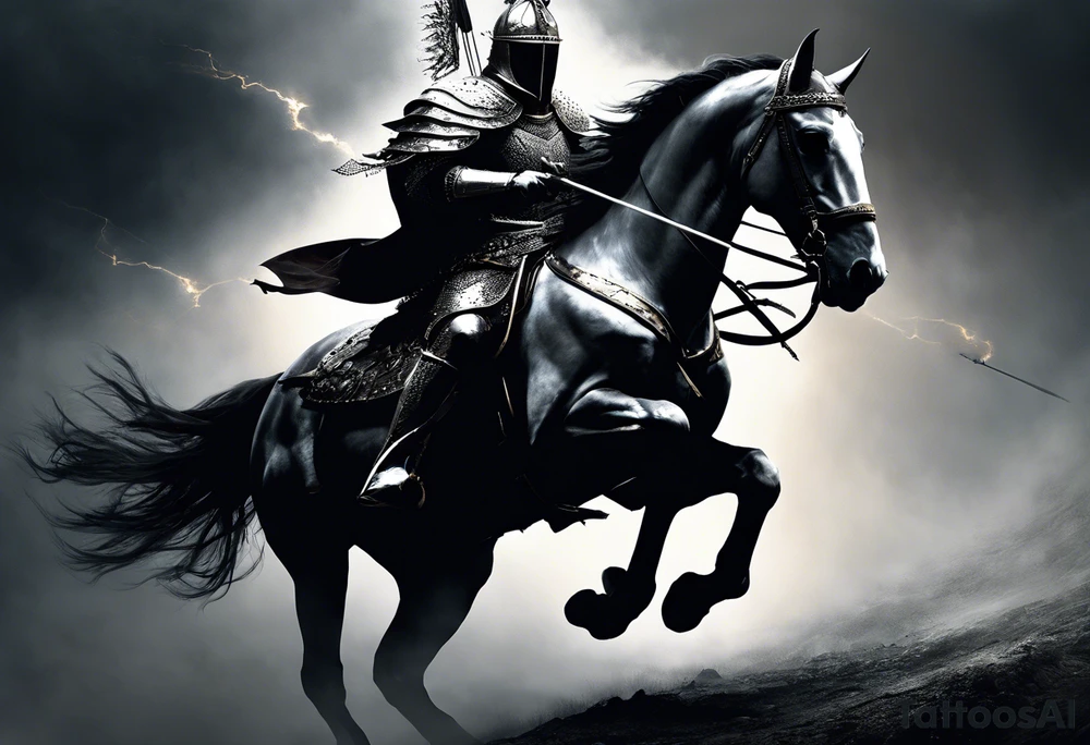 Dark art of the first horseman of the apocalypse. Wearing iron armor with a crown-shaped helmet, carrying a bow and arrows on the right hand, he rides a white horse that is strong and slender, wearing shiny ornaments on his face. It is not possible to see the face of the horseman, who is obscured by the darkness and fog of the image. It is important that the horseman is facing the image and that the image shows the entire body of both the horse and the rider. tattoo idea