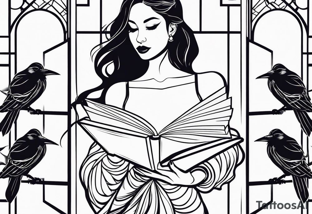 Silhouette of a woman holding a book and birds tattoo idea