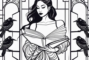 Silhouette of a woman holding a book and birds tattoo idea